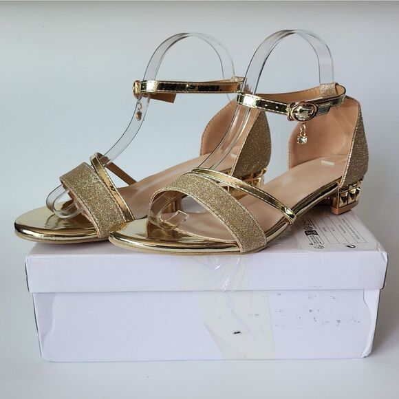Women's Gold Glitter Sandals Sz 41 US 9.5 Ankle Buckle Sparkle Shine - Picture 1 of 9